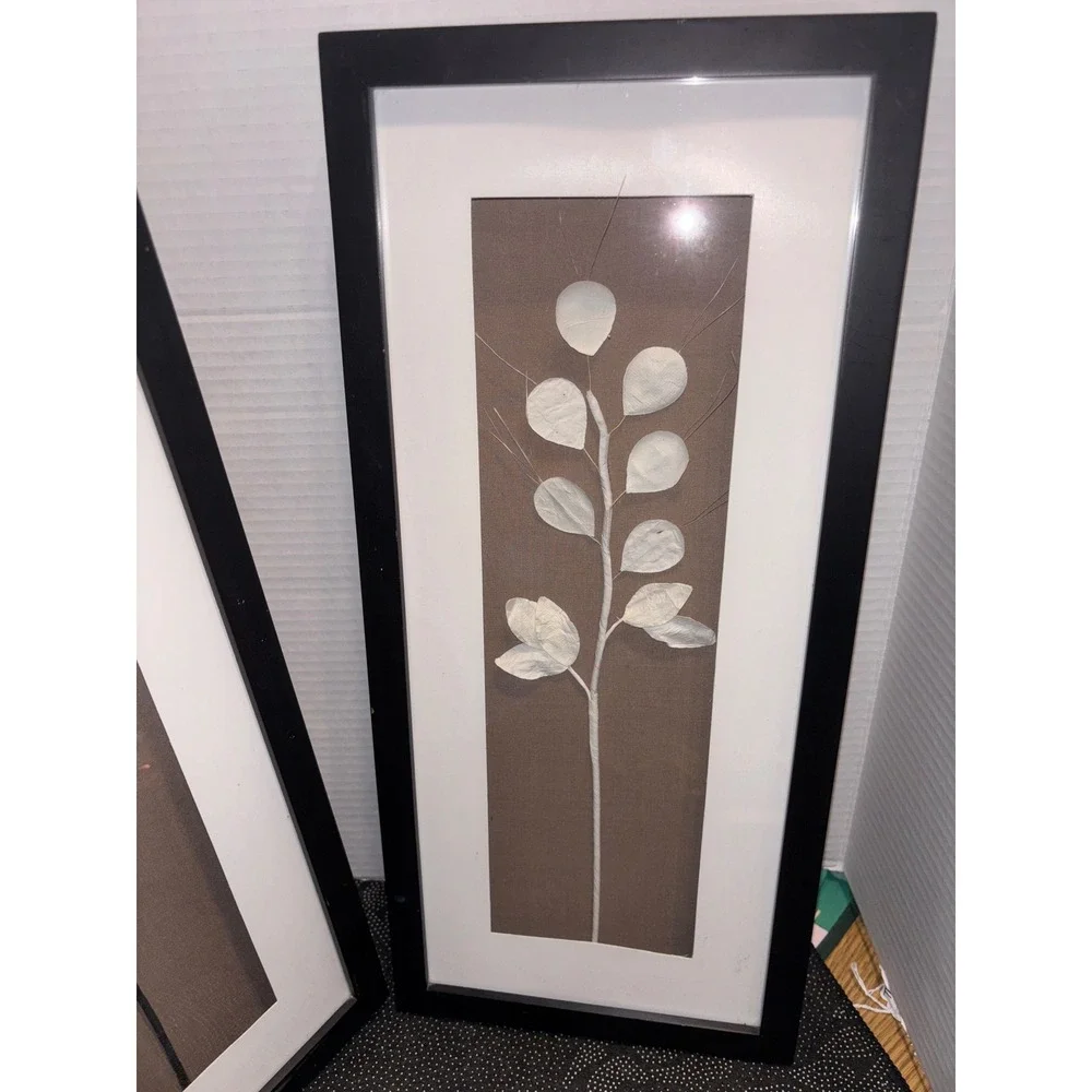 Set of 2 Botanical 3D Leaf Framed Wall Art Black White Minimalist Modern 15x7 - Picture 2 of 8